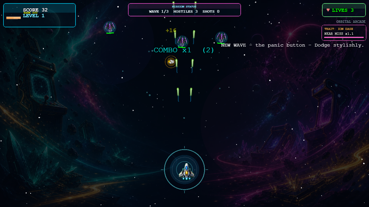 First wave gameplay with player fire, readable enemies, HUD, score, and lives.